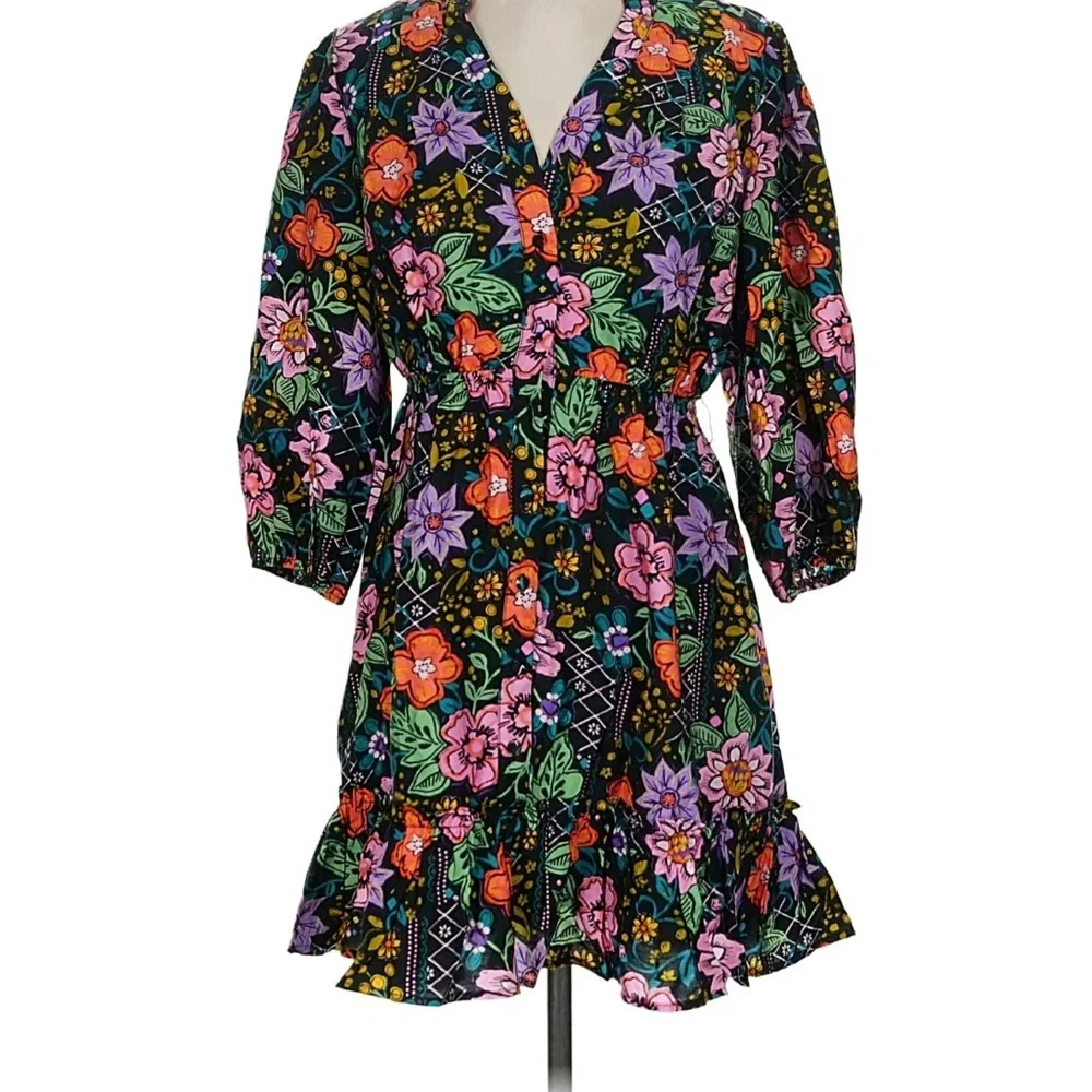 Avara Elena Floral Belted 3/4 Sleeve Mini Dress Black Multicolor Size XS - Picture 2 of 16